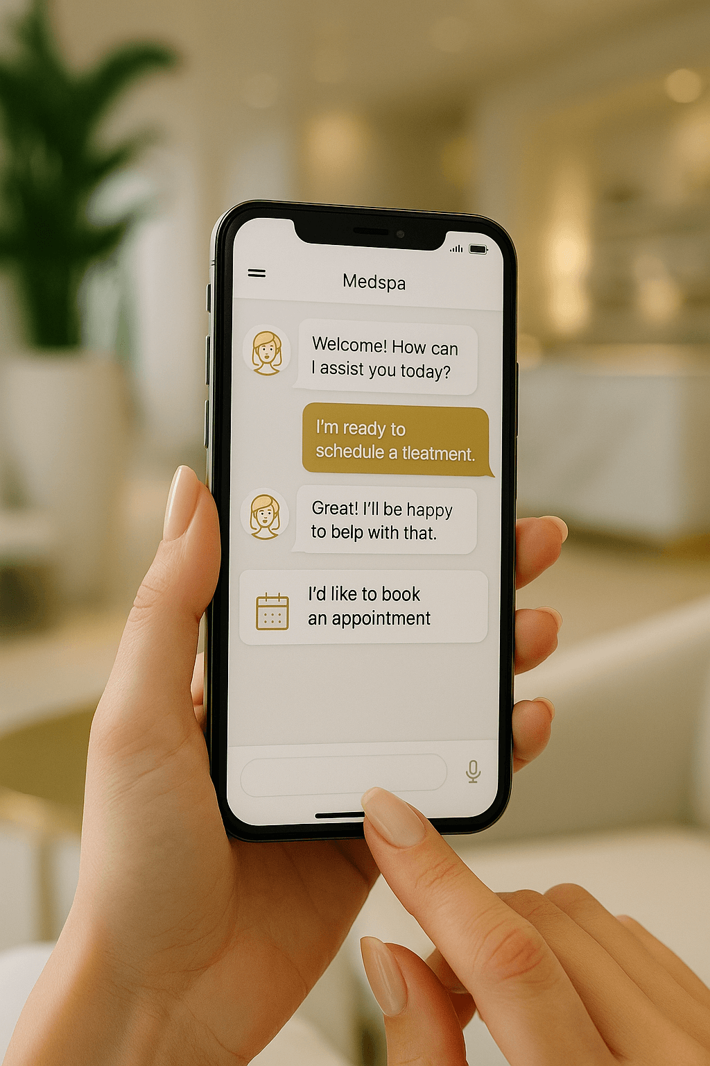 Hand holding a smartphone displaying the Medspa Flow AI chatbot scheduling an appointment
