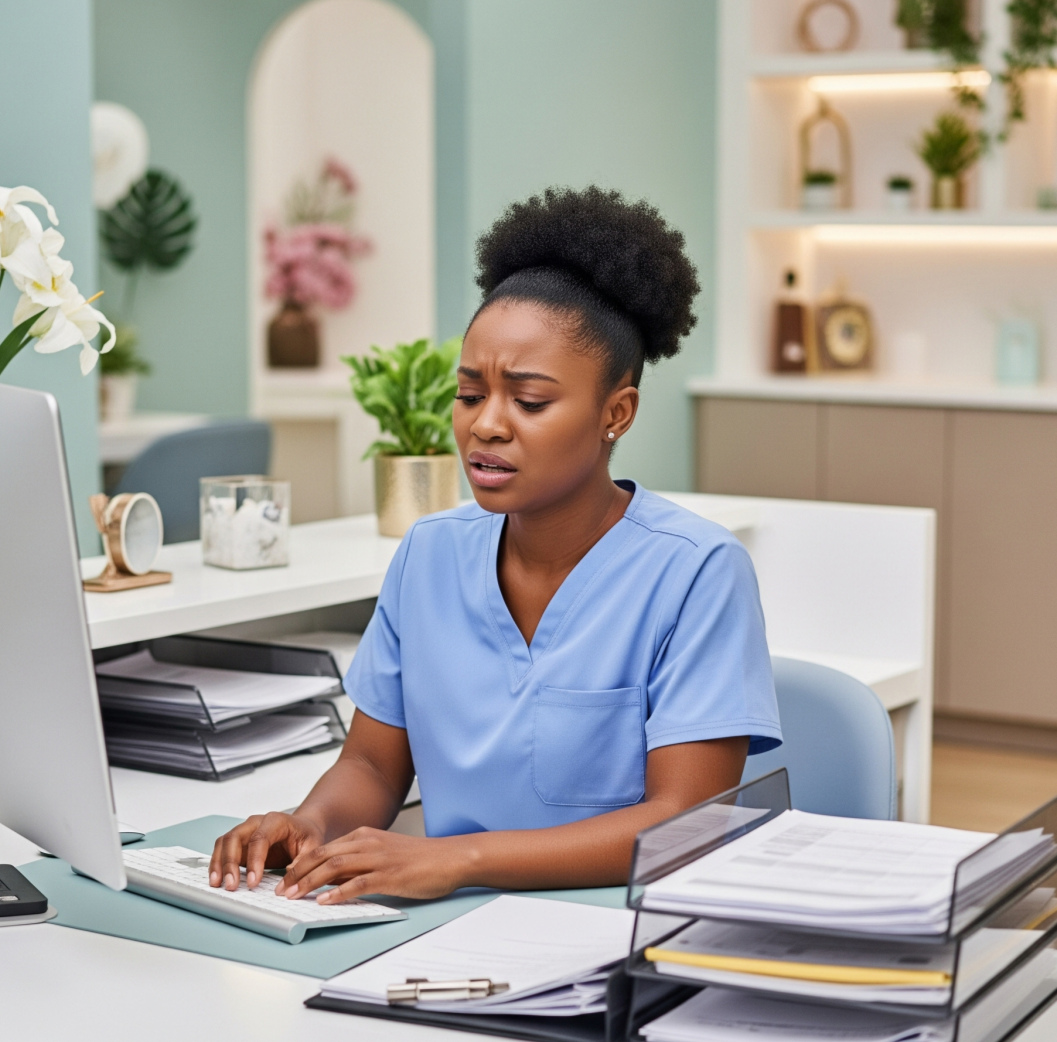 Overwhelmed medspa receptionist stressed by manual booking and paperwork